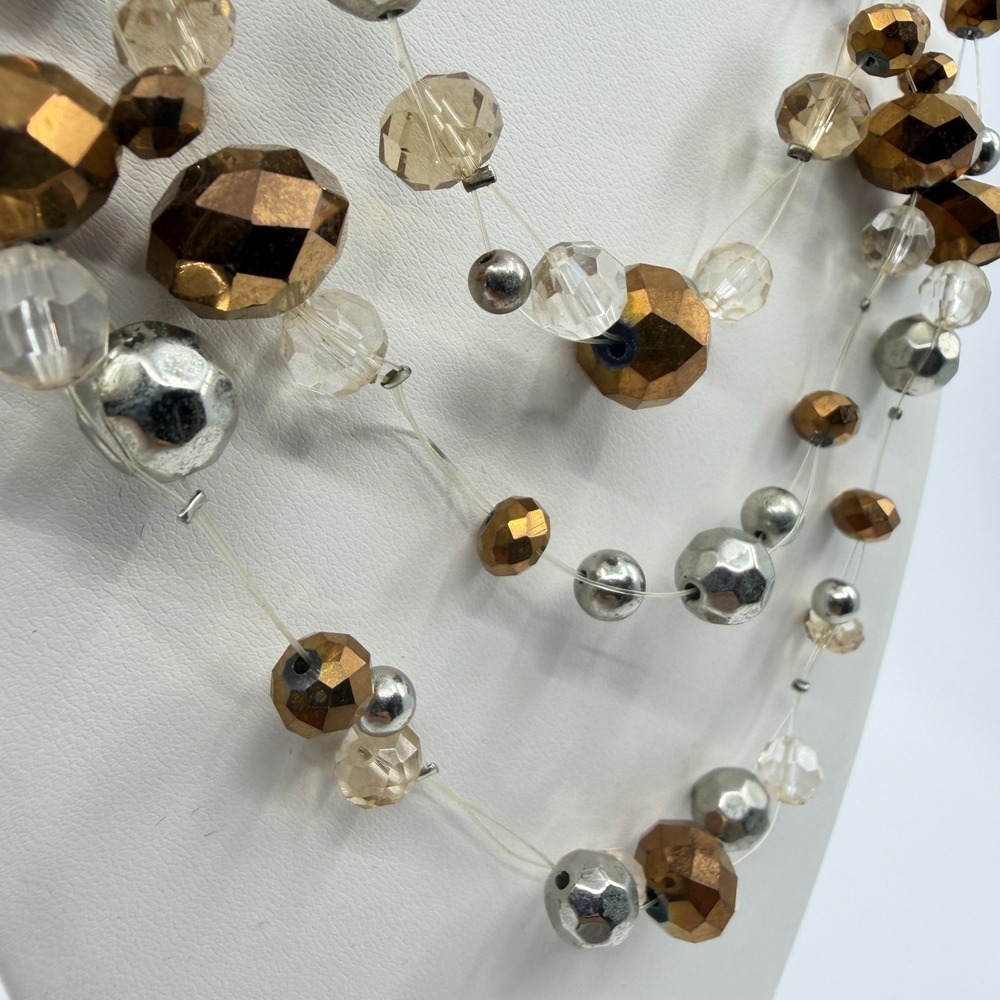 Multi Strand Beads Necklace Bronze & Silver Tone with Clear Crystals - Picture 5 of 13
